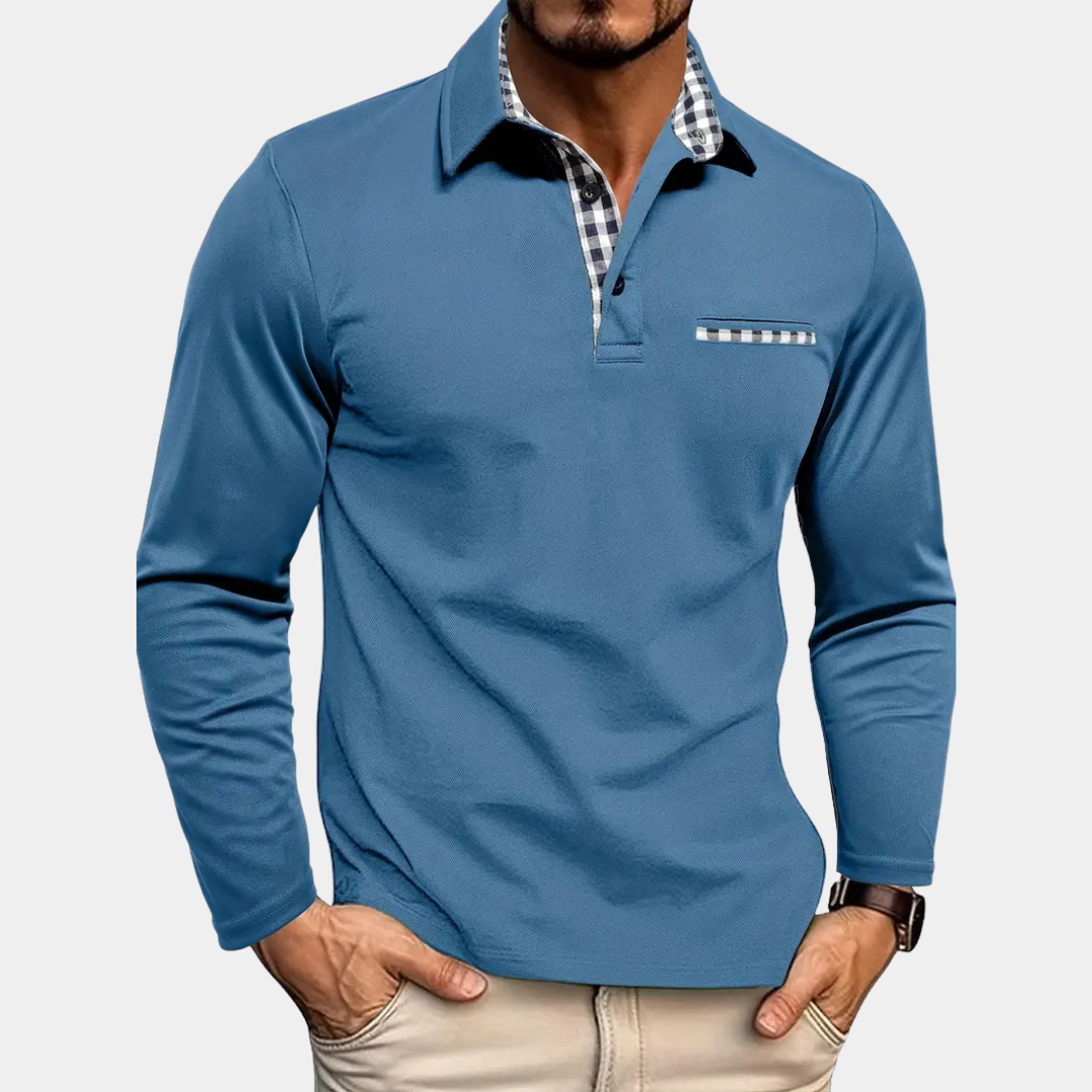 Mason | Check Trim Long Sleeve Polo Shirt